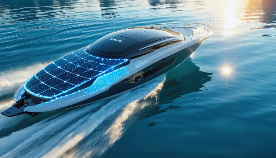 A futuristic solar-powered boat gliding through water with illuminated solar panels, showcasing the integration of solar energy and innovative boating technology.