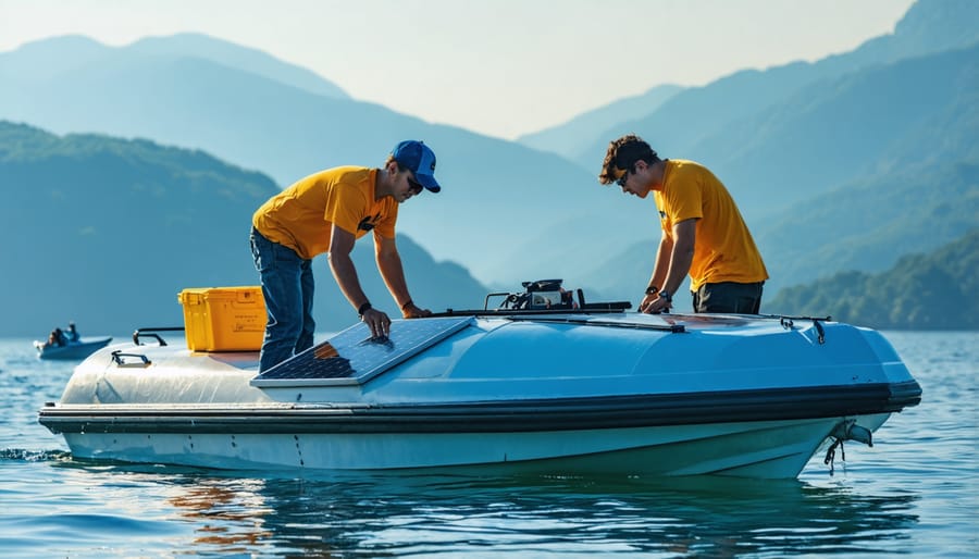 Participants exploring a solar boat during a scavenger hunt game