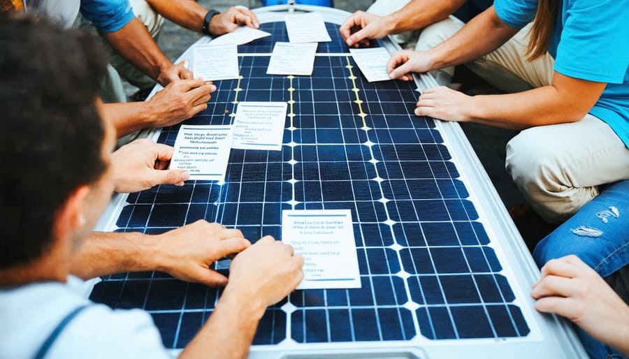 People engaged in a solar boat trivia challenge, showing question cards and scorekeeping