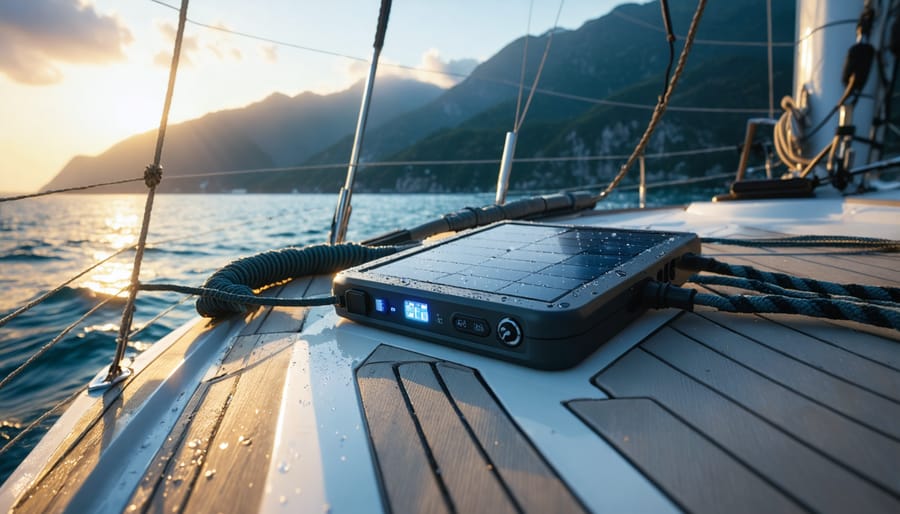 Rail-mounted marine solar panel charging a vape battery on a sailboat deck at golden hour, with coiled rope, salt spray, and a softly blurred ocean horizon in the background.