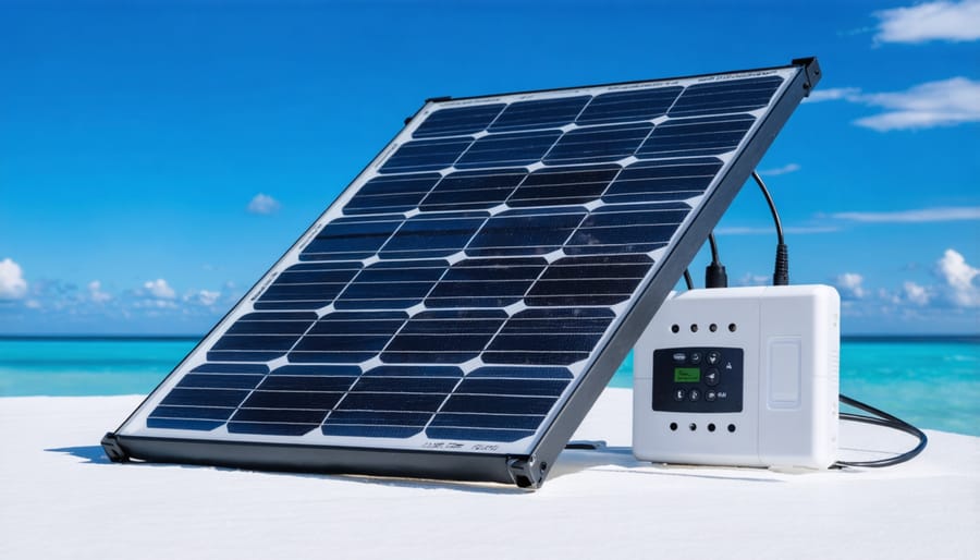 Waterproof portable solar panel with marine-grade charging cable on boat deck