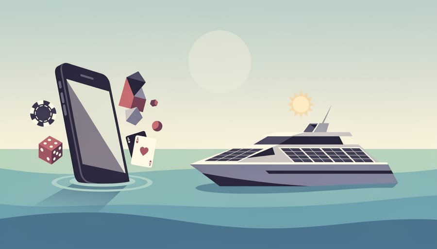 Smartphone with betting app held in natural waterside environment with solar boats in background