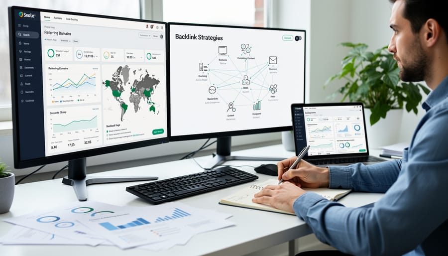 Person working on laptop managing website content and backlink strategy