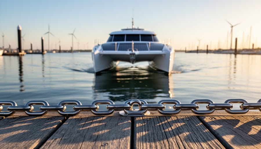 Low-angle view from dock level showing a polished chain in the foreground leading to a white solar-powered catamaran with roof-mounted solar panels cruising on calm water at golden hour, with marina pylons and distant wind turbines softly visible in the background.