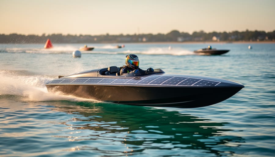 Low-angle view of a solar-powered racing boat speeding over clear water at golden hour, solar panels reflecting sunlight, pilot in helmet, with blurred shoreline, race buoys, and competing boats in the background.