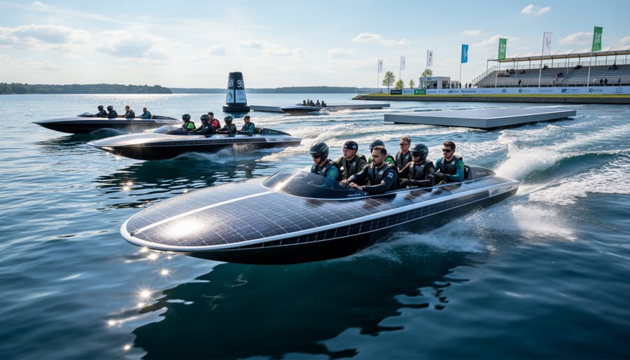 Solar-powered racing boat with mounted solar panels competing on open water