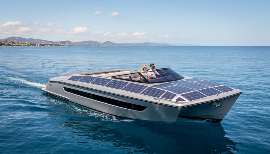 Solar-powered boat with photovoltaic panels cruising on calm water during sunrise