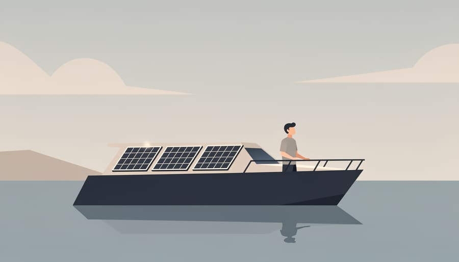 Yacht owner standing on deck next to bifacial solar panels in warm sunlight.