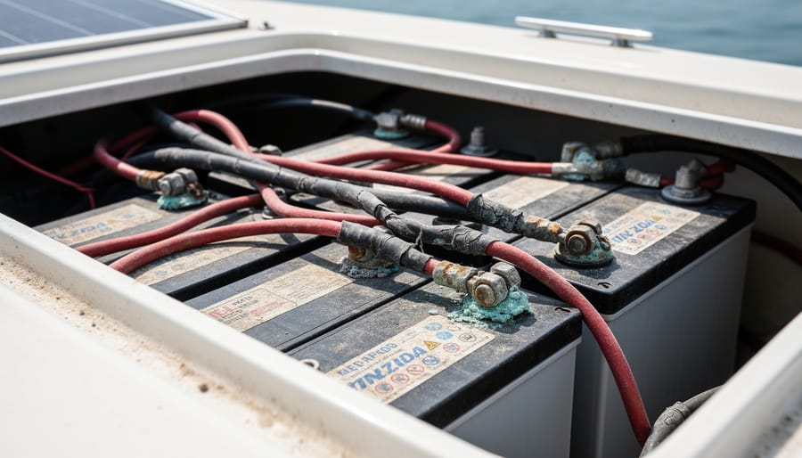 Close-up view of a boat battery compartment showing wiring and corroded terminals