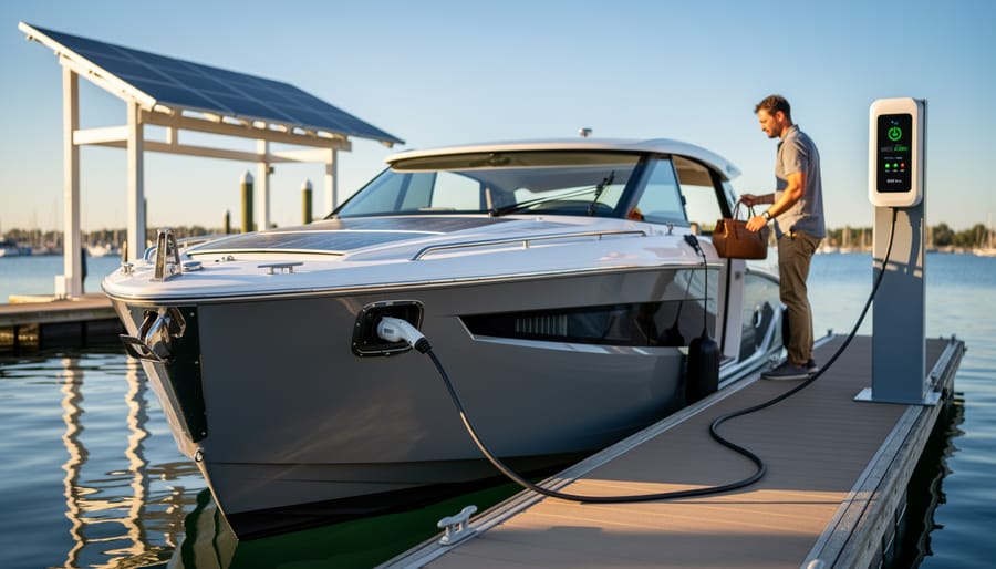Electric boat docked at home with a charging cable connected to the boat’s charging port.