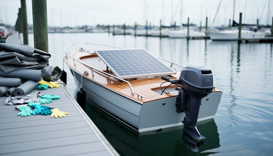 Electric boat on a marina berth with a visible solar panel and electric motor, debris removed and tidied in the foreground for a sustainable restoration feel.