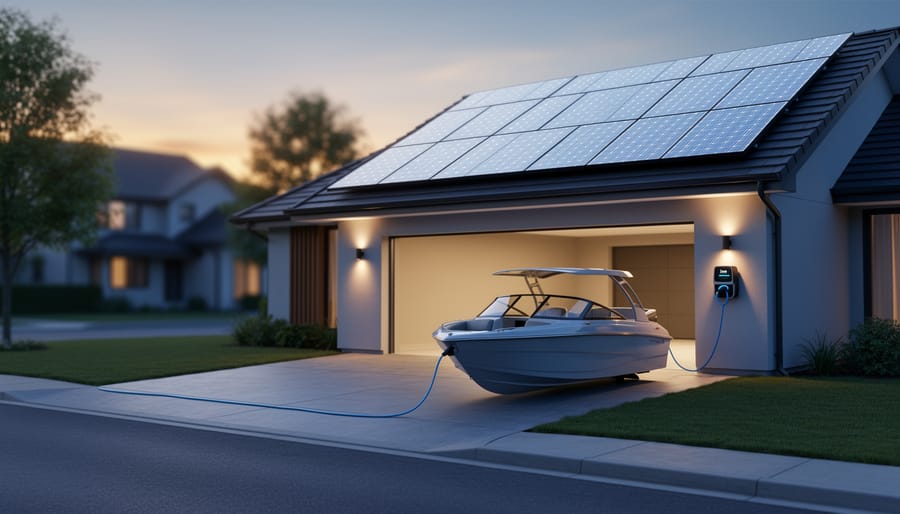 Rooftop solar panels powering an electric boat while a charging cable connects the dock to the boat.