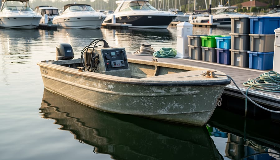 Neglected small electric boat on a marina lift with scattered cleaning items and a visible solar panel