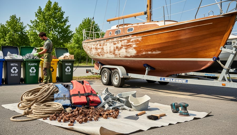 Gloved person cleaning and organizing a fiberglass boat deck with solar panel visible in reflection