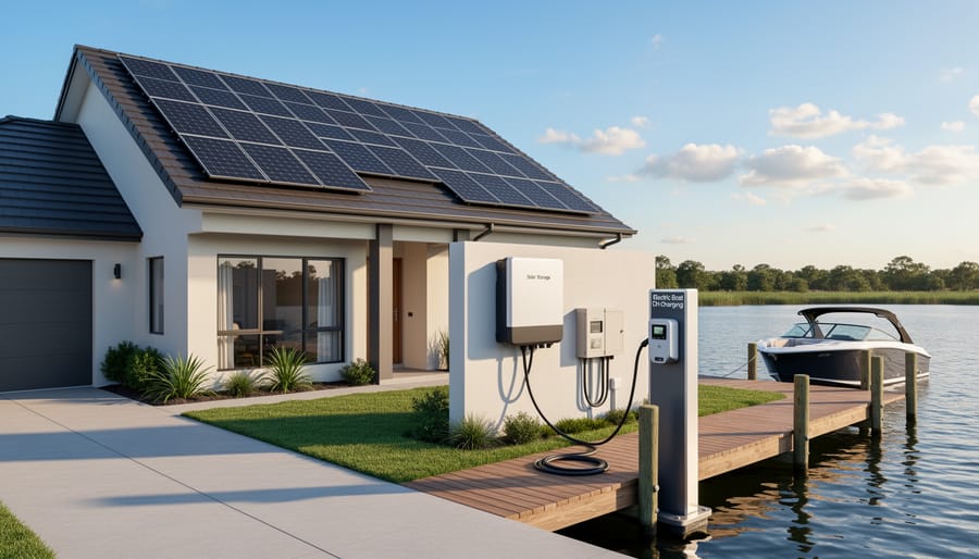 Solar panels on a residential roof with a nearby outdoor power system box and charging cable.