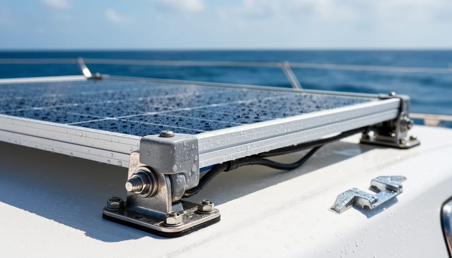 Close-up of rigid solar panels mounted on a yacht roof under bright daylight.