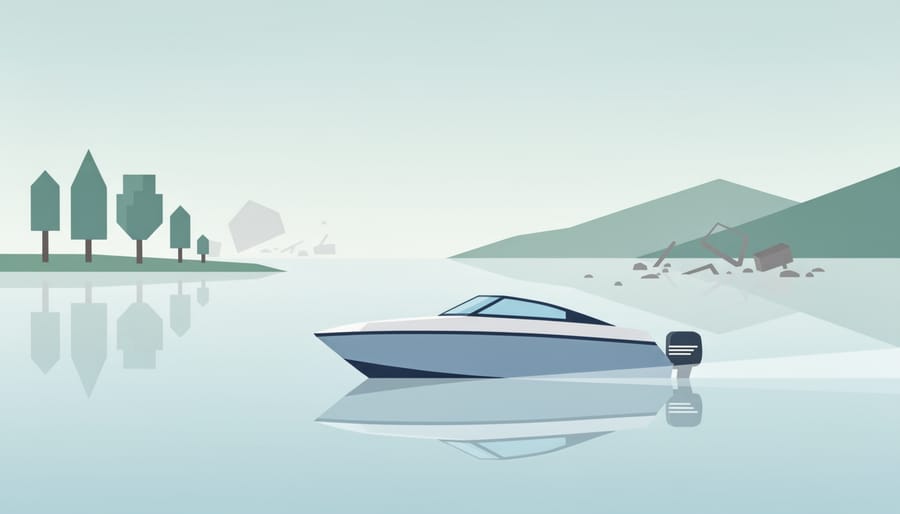 Small solar-electric boat gliding across calm water at golden hour with faint ripples