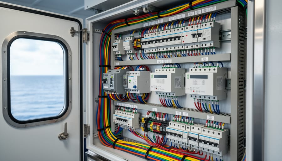 Close-up of marine solar wiring and a charge controller inside a yacht during twilight lighting.