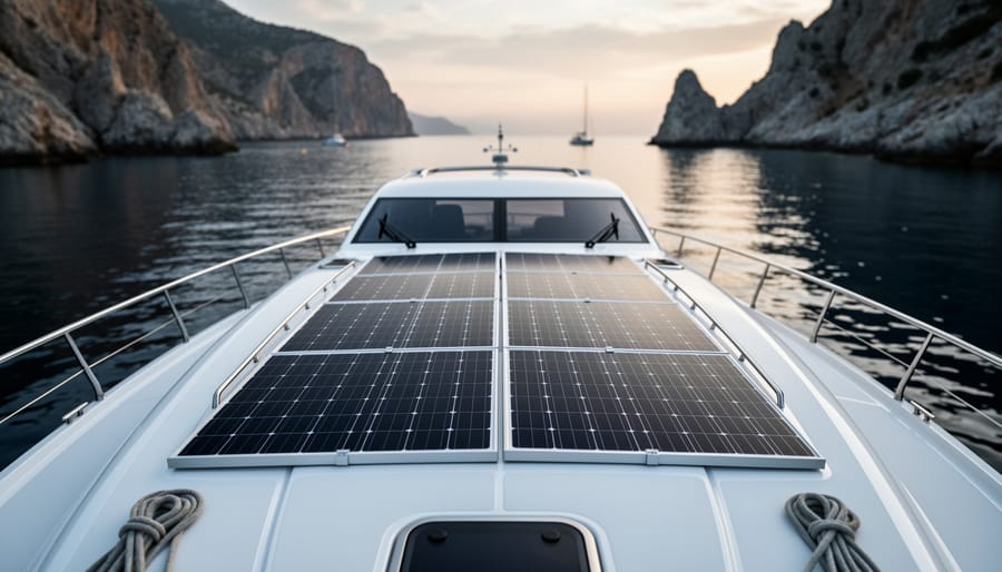 A modern yacht anchored in a secluded cove with solar panels mounted on the cabin roof, shown in soft daylight.