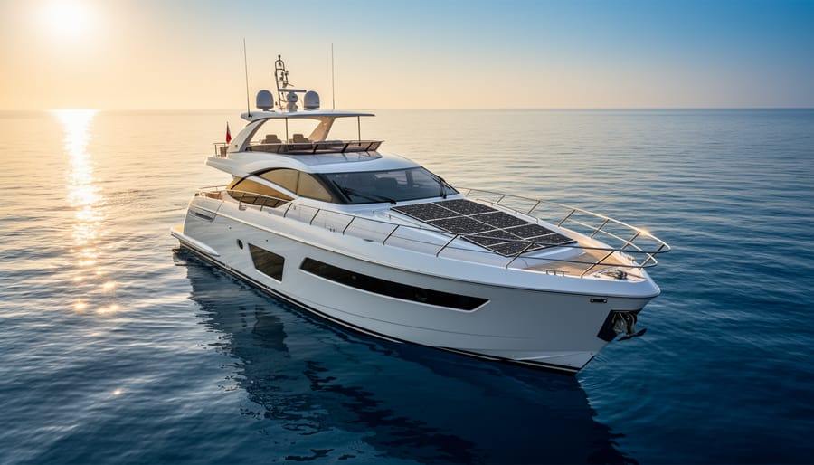 Modern yacht on calm water with solar panels mounted on the deck hardtop in golden hour sunlight.
