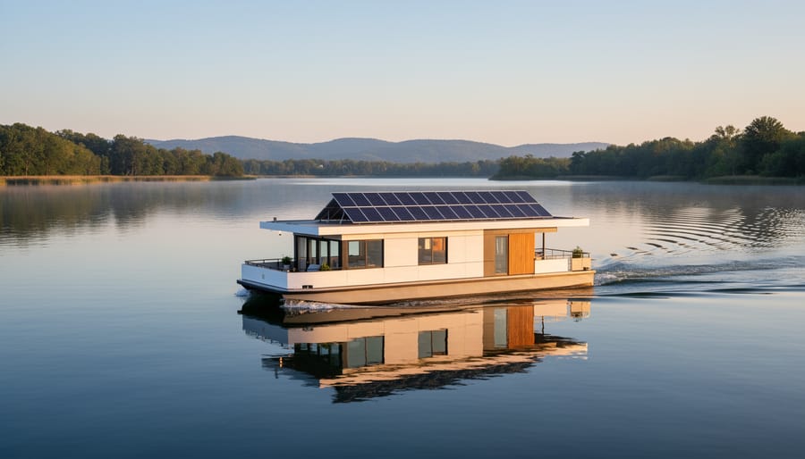 A houseboat on calm water with solar panels mounted on the roof during golden hour