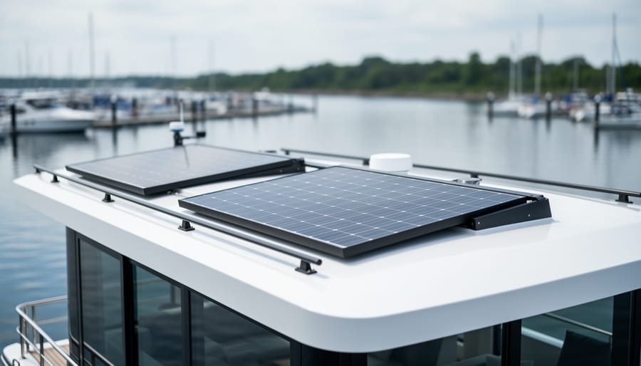 Solar panels mounted on a houseboat roof in a marina setting, with calm water and a blurred shoreline in the background.