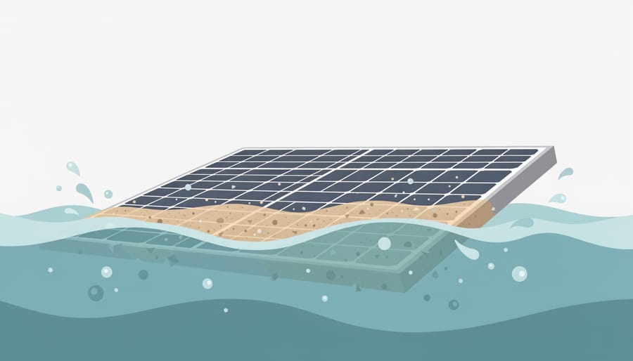 Close-up of a marine solar panel surface with saltwater residue near the waterline