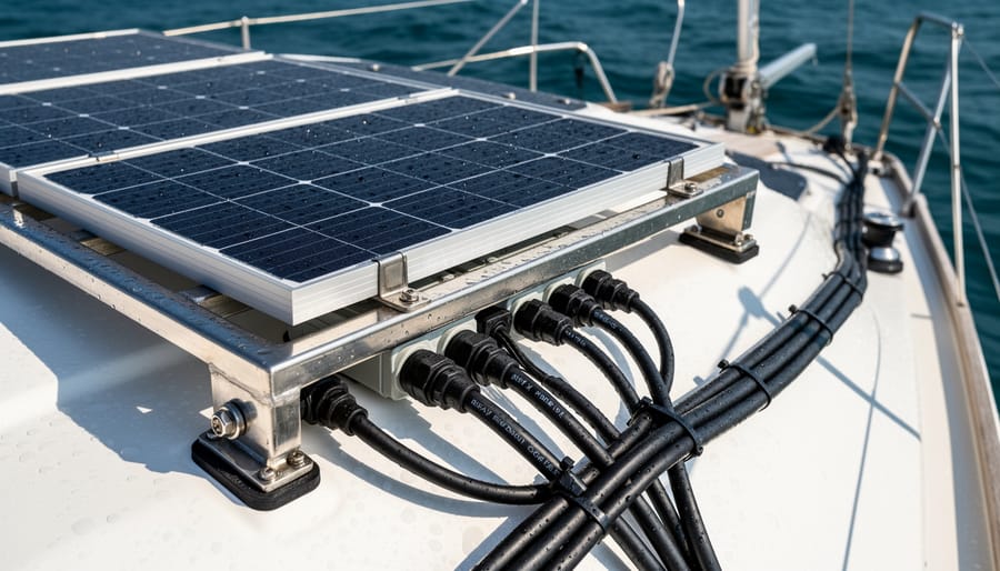 Close-up of a mounted solar panel on a houseboat roof with sealed wiring and hardware