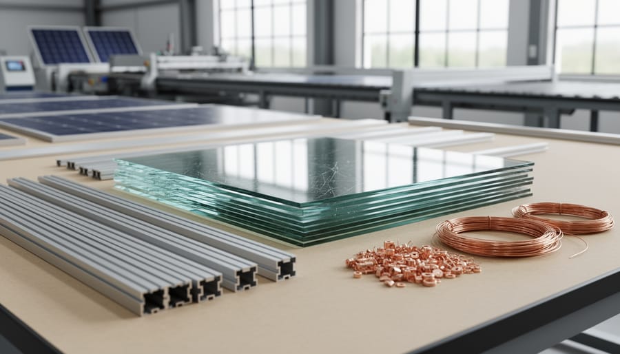 Close-up of recovered solar panel materials including glass fragments, aluminum pieces, and copper-colored components in a tray.