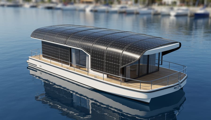 Flexible solar panel installed along a curved houseboat roof section