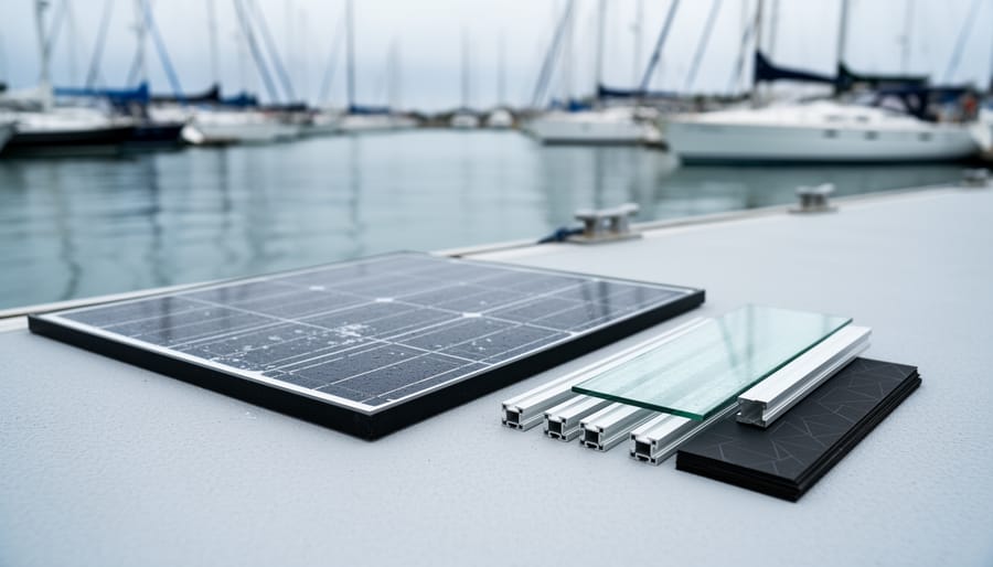 Decommissioned marine solar panel on a marina dock with separated panel components nearby, photographed in natural soft daylight.