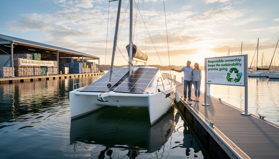 Solar panels mounted on a sailboat in a marina at golden hour with calm water and blurred docks in the background.
