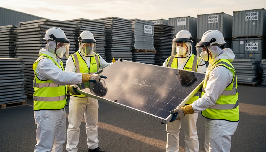 Technicians wearing protective gloves handling an end-of-life solar panel at a recycling facility.
