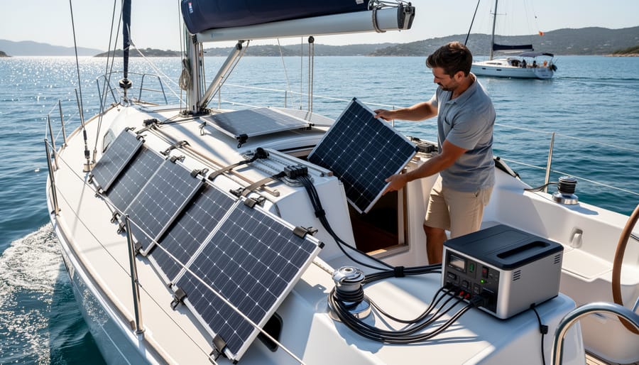 Boat owner adjusting a portable solar panel kit on a dinghy at golden hour
