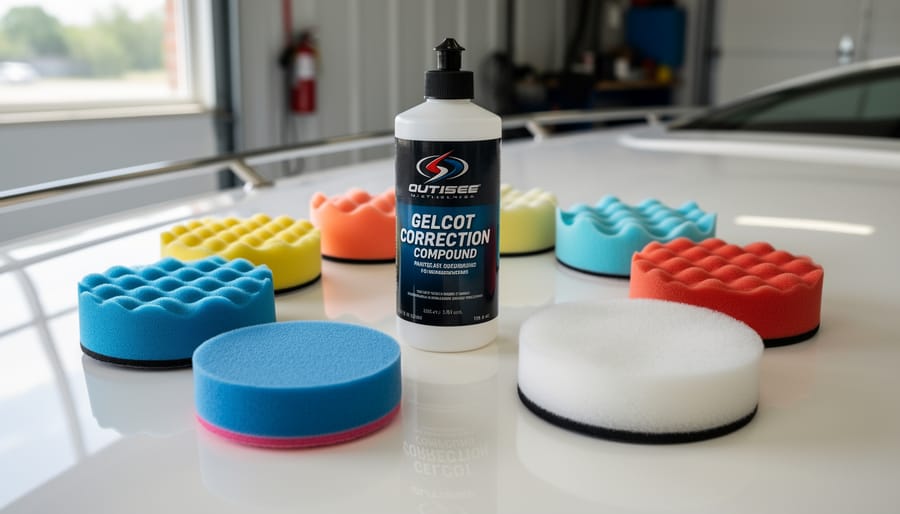 Hands holding foam polishing pads and marine polishing compound over a boat hull with microfiber towels nearby