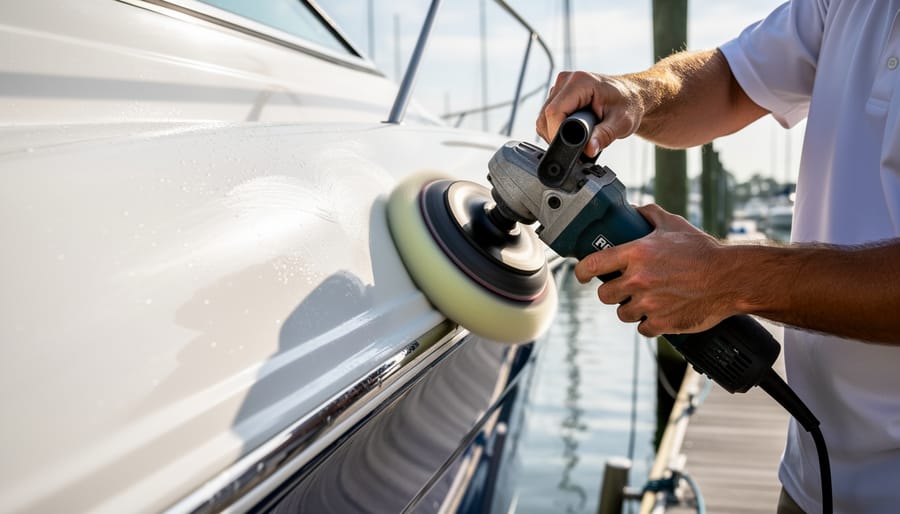 Dual-action machine polisher contacting a painted gelcoat panel on a boat hull