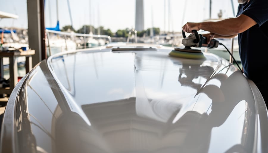 Glossy polished painted gelcoat surface reflecting sunlight with high clarity