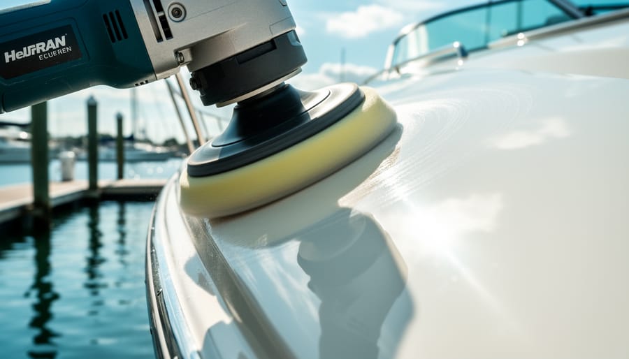 Close-up of a dual-action polisher with a foam pad polishing a boat’s glossy painted gelcoat hull in bright daylight.