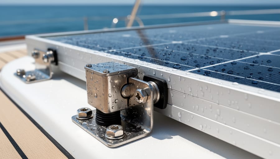 Close-up of rugged marine solar panel connectors and weatherproof cabling on a boat deck