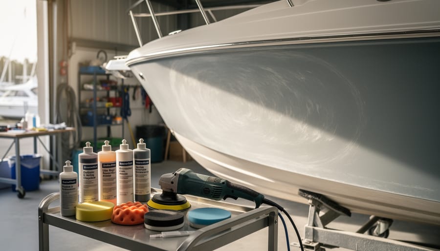 Painted boat hull surface showing oxidation haze and light swirl marks under overcast light
