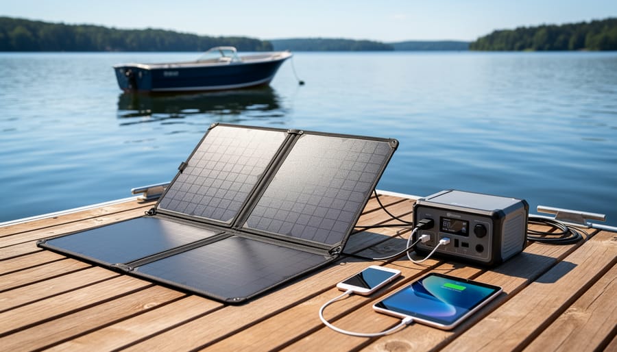 Portable folding solar panels deployed on a sailboat stern with connected charging equipment near the marina dock