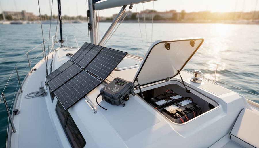 Fold-out portable solar panels and a weatherproof charge controller on a sailboat deck at anchor, angled toward sunlight with water and marina in the background.