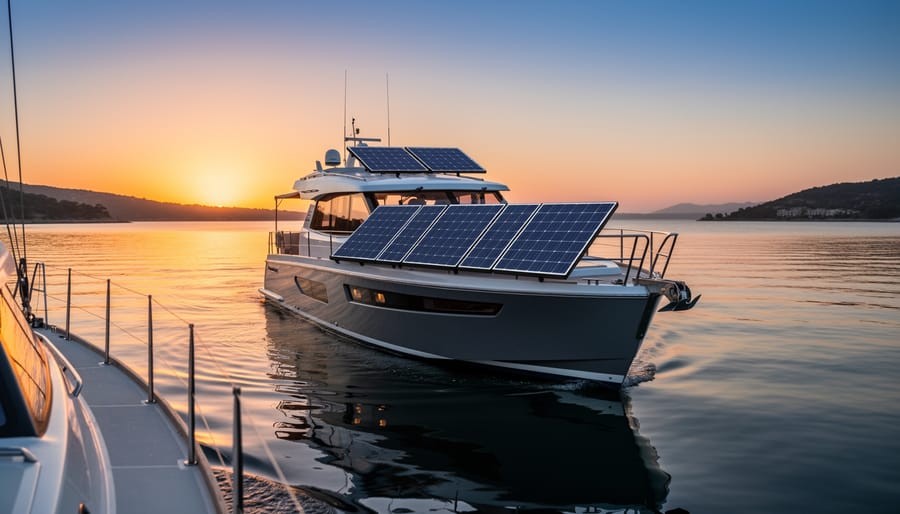 A sailboat at blue hour with a portable solar panel deployed on a bimini, reflected on calm water.