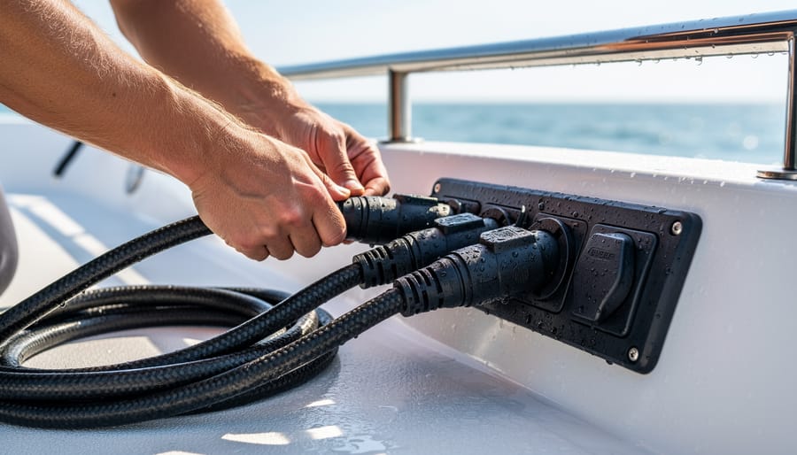 Close-up of a boater’s hands connecting waterproof solar connectors on a boat near a charge controller.