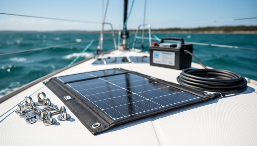 Foldable portable solar panel set on a sailboat deck near marine wiring and a battery bank, with ocean water and rigging blurred in the background.