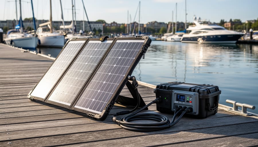Portable semi-flexible solar panel placed on a marina dock next to a boat battery box in wet conditions.