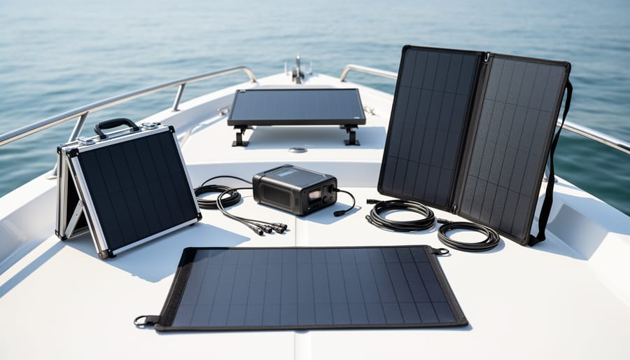 Rigid, flexible, and foldable portable solar panels arranged on a boat deck in golden hour light.