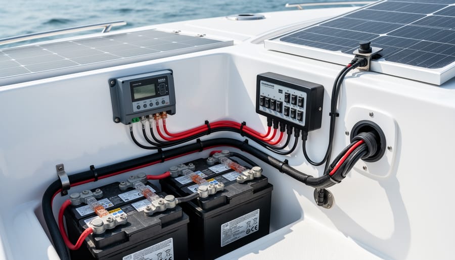 Boat battery and wiring setup connected to solar power components