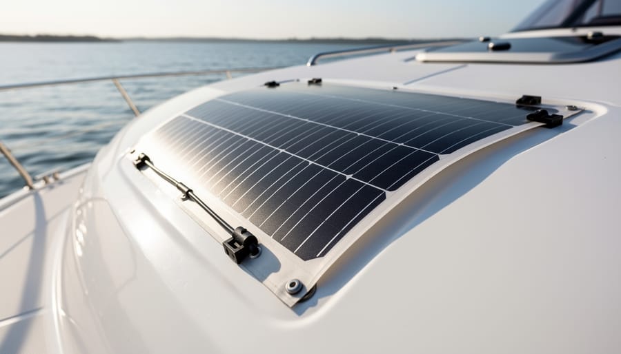 Flexible solar panel showing conformity on a curved boat mounting surface