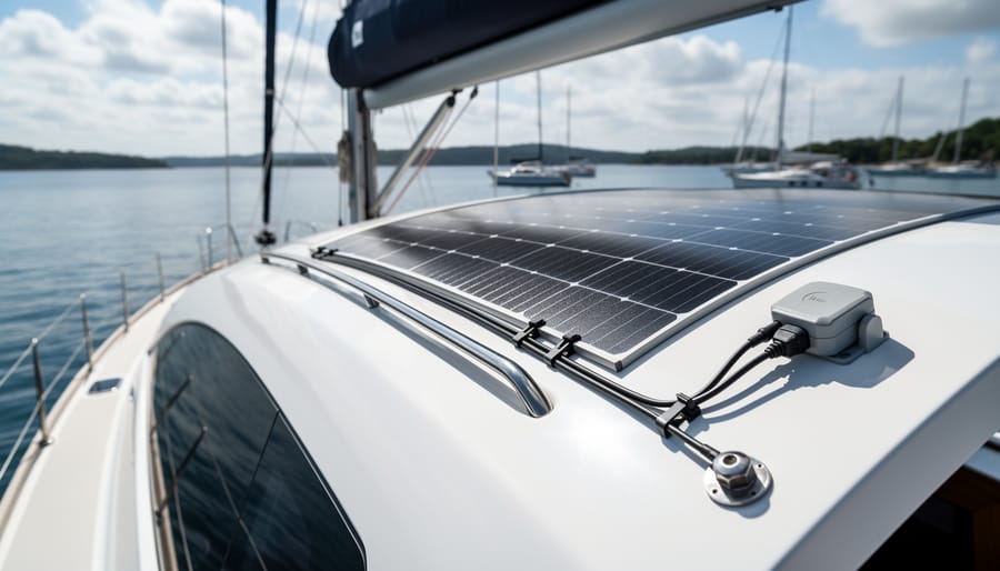 Flexible solar panel installed on a sailboat’s curved cabin top with calm water and rigging softly blurred in the background.